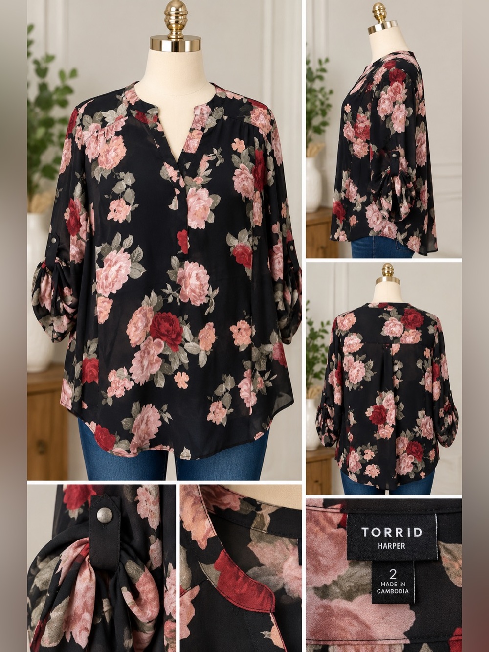 Torrid Harper Floral Blouse Black Pink Burgundy 2X Size 2 Long Sleeve